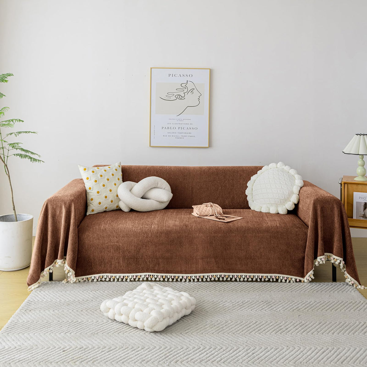 HANDONTIME Green Sofa Cover Vintage Couch Cover for Dogs 71" X118" Couch Cushion Covers with Tassel Herringbone Sofa Cover Boho Sofa Covers for 3 Cushion Couch Chenille Soft Loveseat Sofa Covers