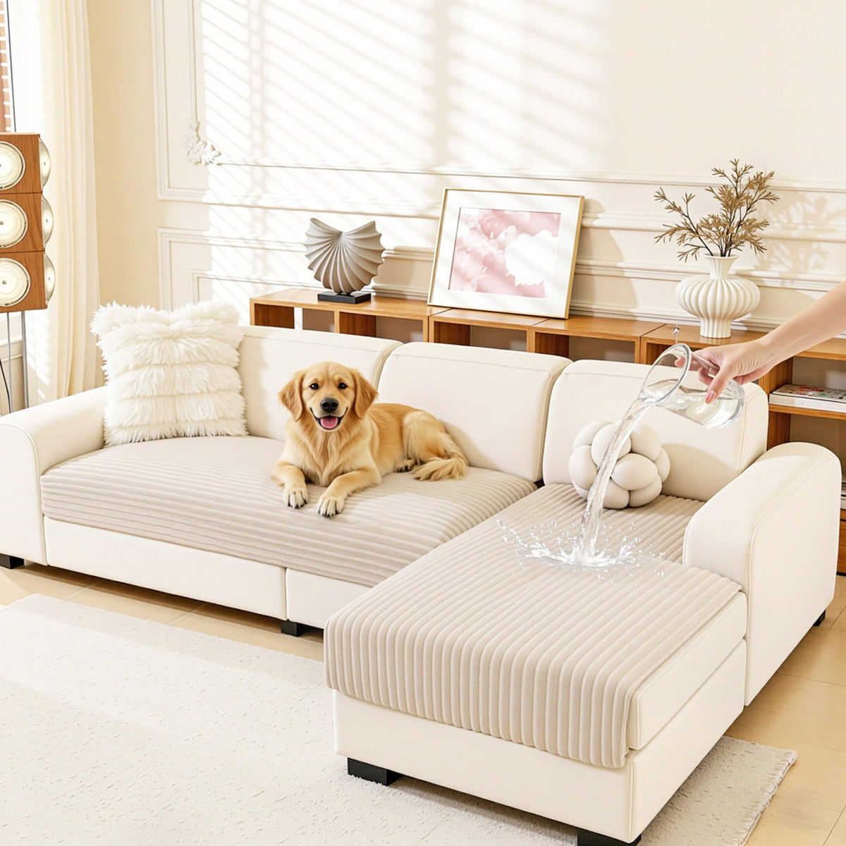MEETSKY 100% Waterproof Couch Covers for Sectional Sofa, Non Slip Couch Cover for Dogs, 2 Pieces Pet Sofa Covers for 2 Cushion L Shape, Washable Soft Sofa Slipcover, Cream, Large, 35"x63"+35"x63"