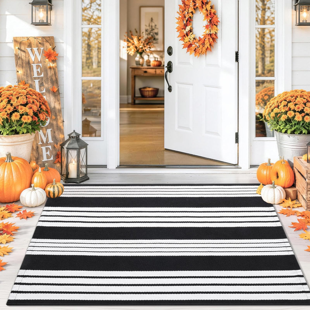 Smiry Black and White Striped Entryway Rug, Front Door Mat and Porch Decor