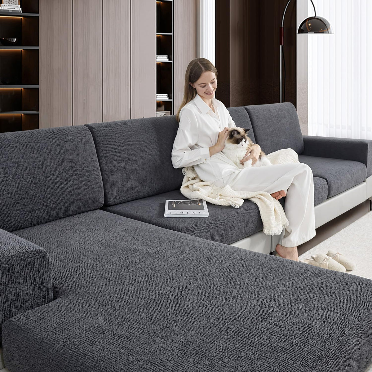 Couch Cushion Covers Sectional Couch Covers Stretch Washable Soft Seat Cushion Covers Furniture Protector Sofa Slipcovers for Pets(Light Grey,3 Pieces Seat Covers or Back Covers)