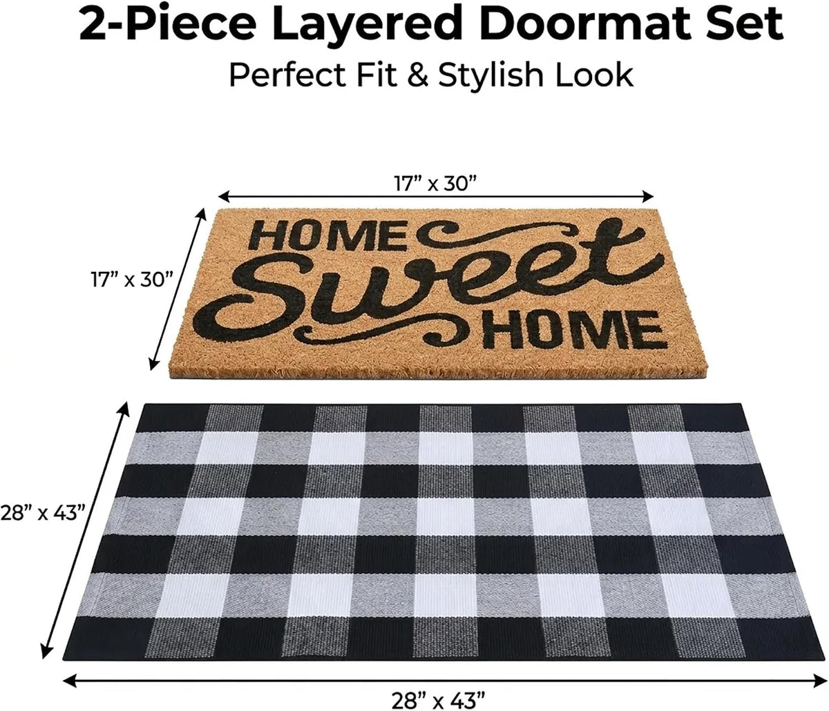 Home Sweet Home Doormat Set, 2-Piece Layered Front Porch Mat Combo, Natural Coir Welcome Mat with Black and White Buffalo Plaid Rug, Farmhouse Outdoor Entryway Decor for Porch, Patio, Home