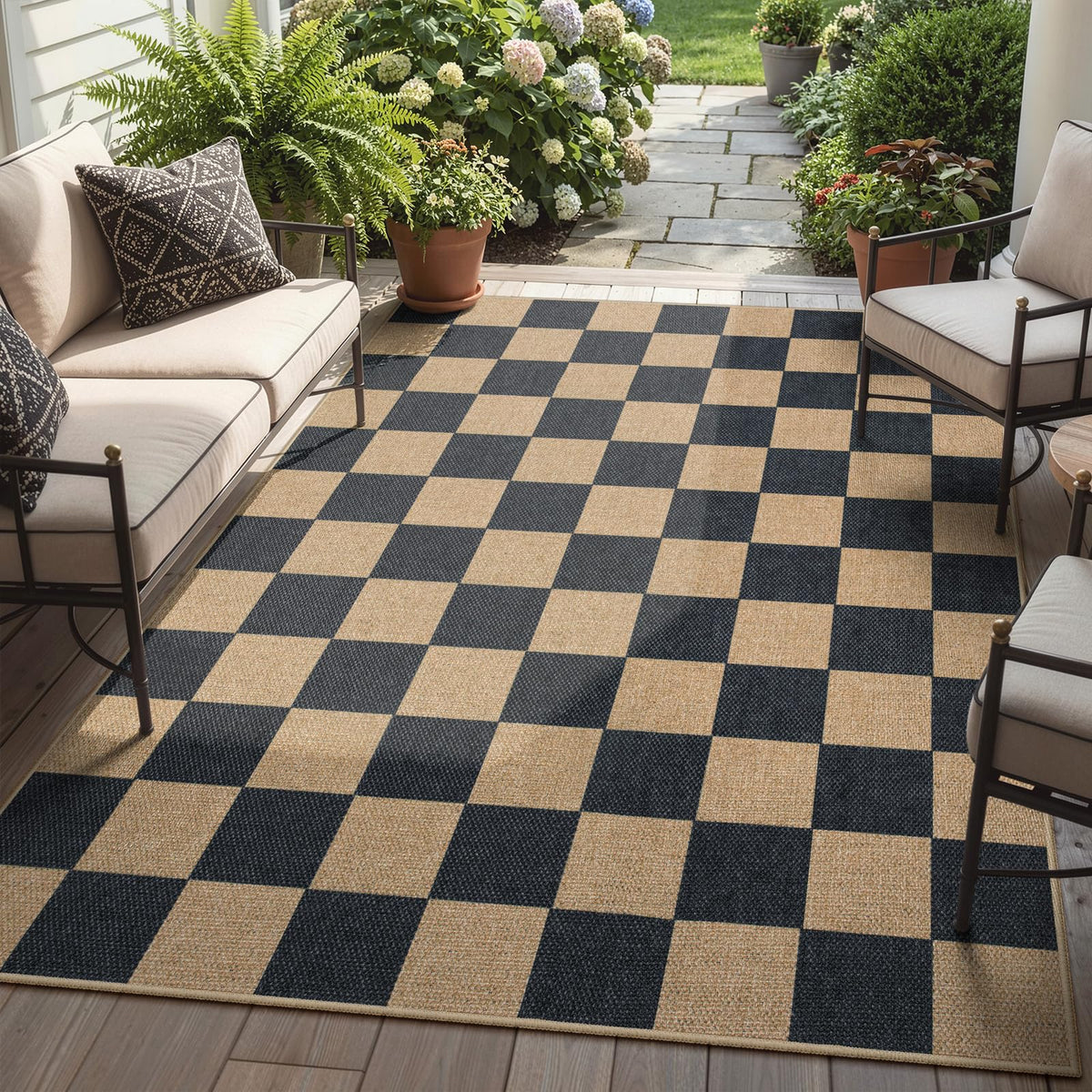 Lahome Checkered Easy Jute 3x5 Entryway Front Porch Rug, Black Diamond Indoor Outdoor Patio Layering Rug, Washable Farmhouse Neutral Non Slip Non Shedding Door Carpet for Backyard Blacony