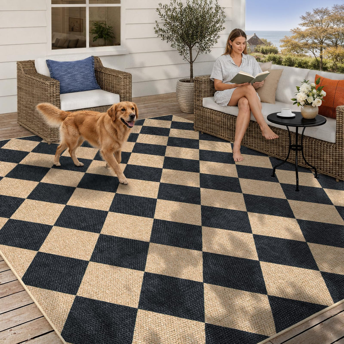 Lahome Checkered Easy Jute 3x5 Entryway Front Porch Rug, Black Diamond Indoor Outdoor Patio Layering Rug, Washable Farmhouse Neutral Non Slip Non Shedding Door Carpet for Backyard Blacony