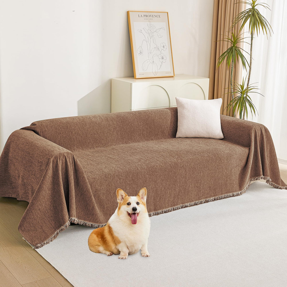 MYSKY HOME Boho Couch Cover Beige Sofa Covers with White Tassel Farmhouse Sofa Slipcover Simple Couch Protector for Dogs Chenille Sectional Couch Covers L Shaped Couch Cushion Covers, 91"x 134"