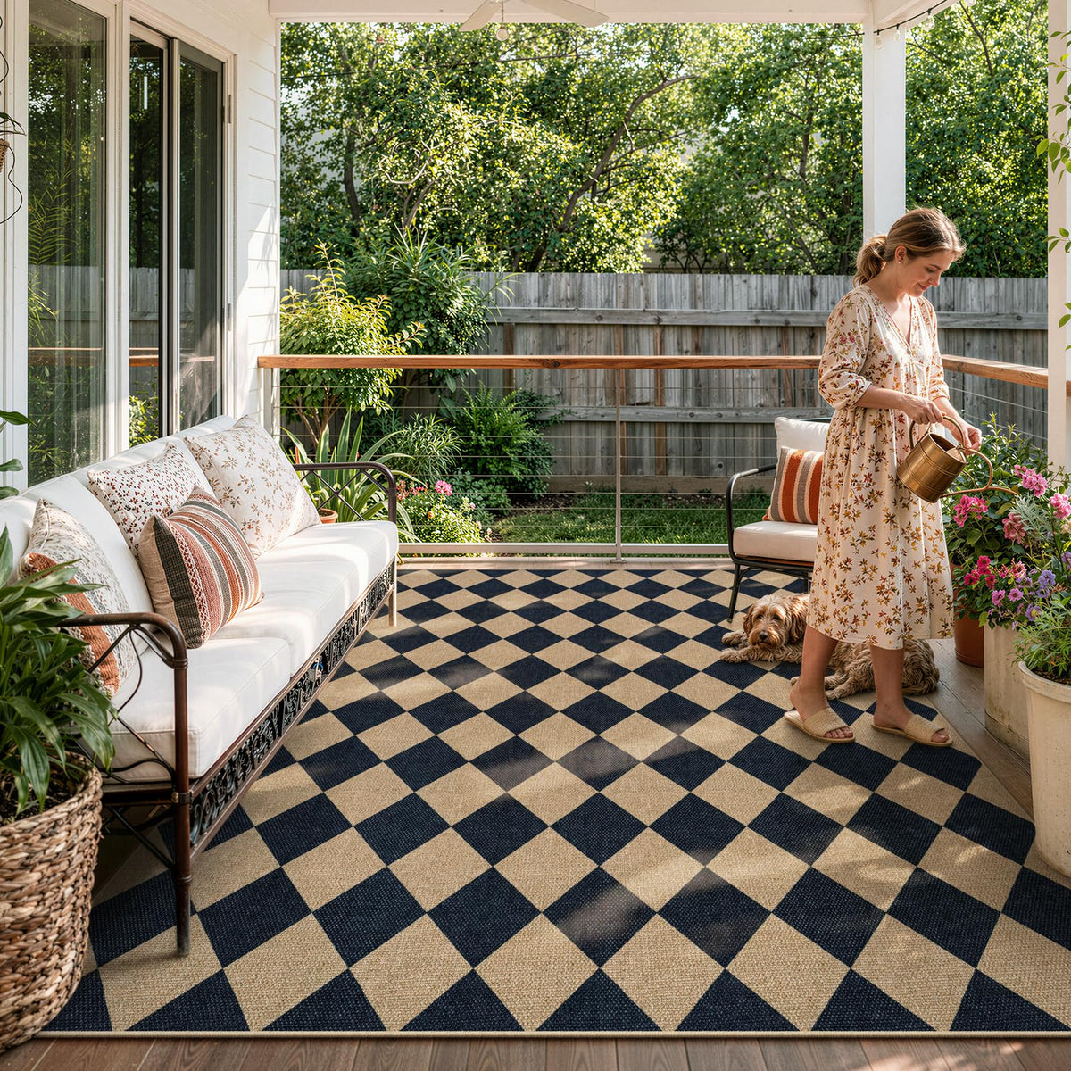 Lahome Checkered Easy Jute 3x5 Entryway Front Porch Rug, Black Diamond Indoor Outdoor Patio Layering Rug, Washable Farmhouse Neutral Non Slip Non Shedding Door Carpet for Backyard Blacony