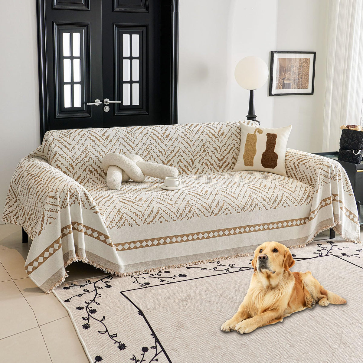 HAOMAIJIA Non Slip couch cover sofa covers for 3 cushion couch Washable sectional couch covers for Dogs pet Furniture Protector Couch Cover Blanket for Living Room (Off white, 91"x150")