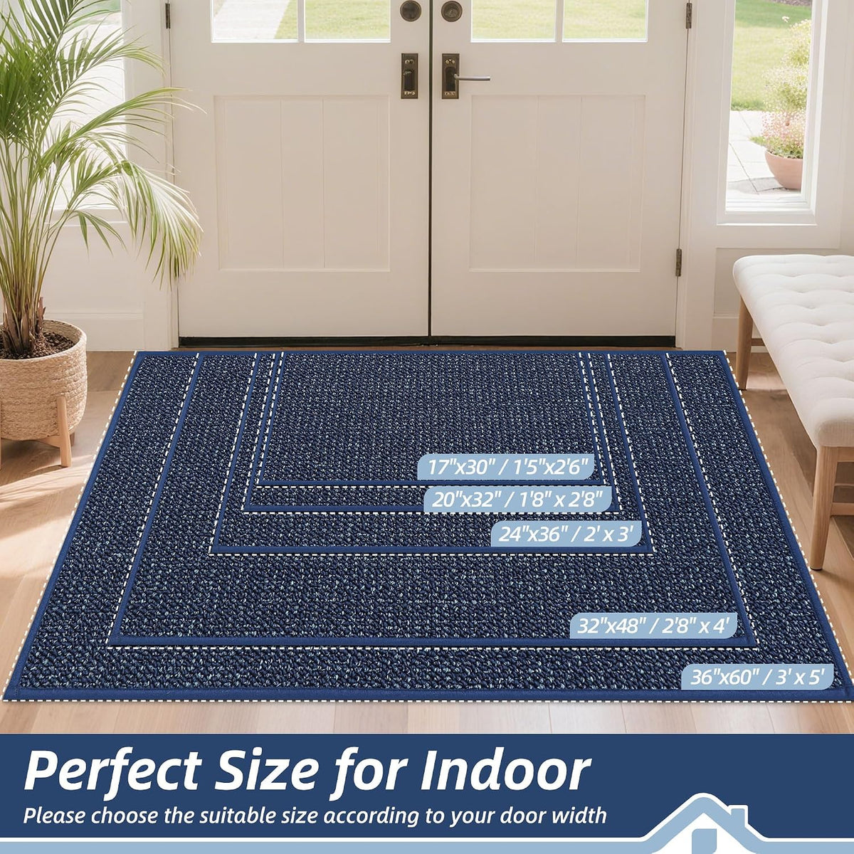 BEQHAUSE Dirt Trapper Door Mat 20" x 32", Non-Slip Washable Doormats, Blue
