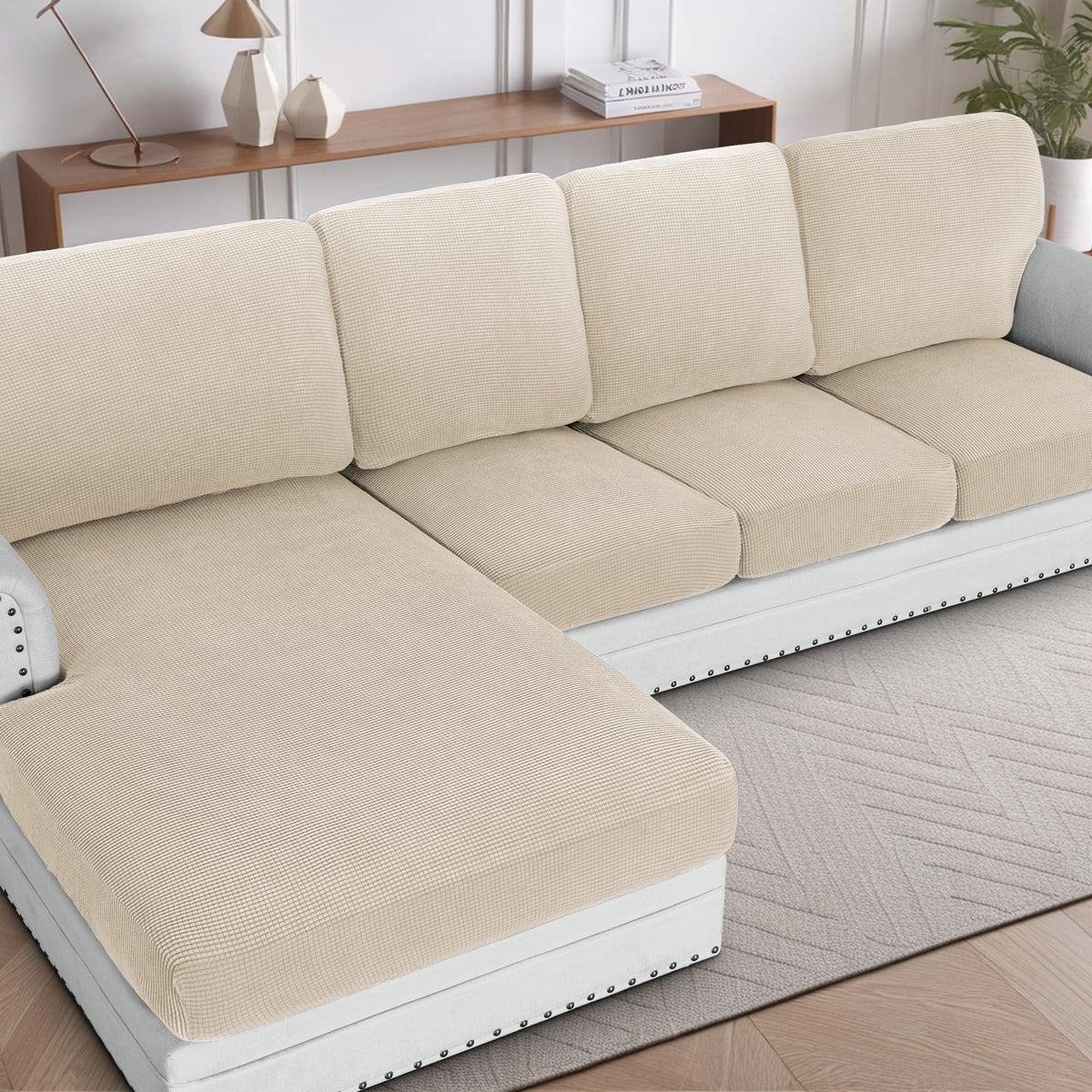 H.VERSAILTEX Sectional Couch Covers 8 Pieces Stretch Sofa Covers for Sectional Sofa Set Separate L Shaped Couch Cover for Both Left/Right Couch (Seat and Back: 1 Chaise + 3 Sofa, Ivory)