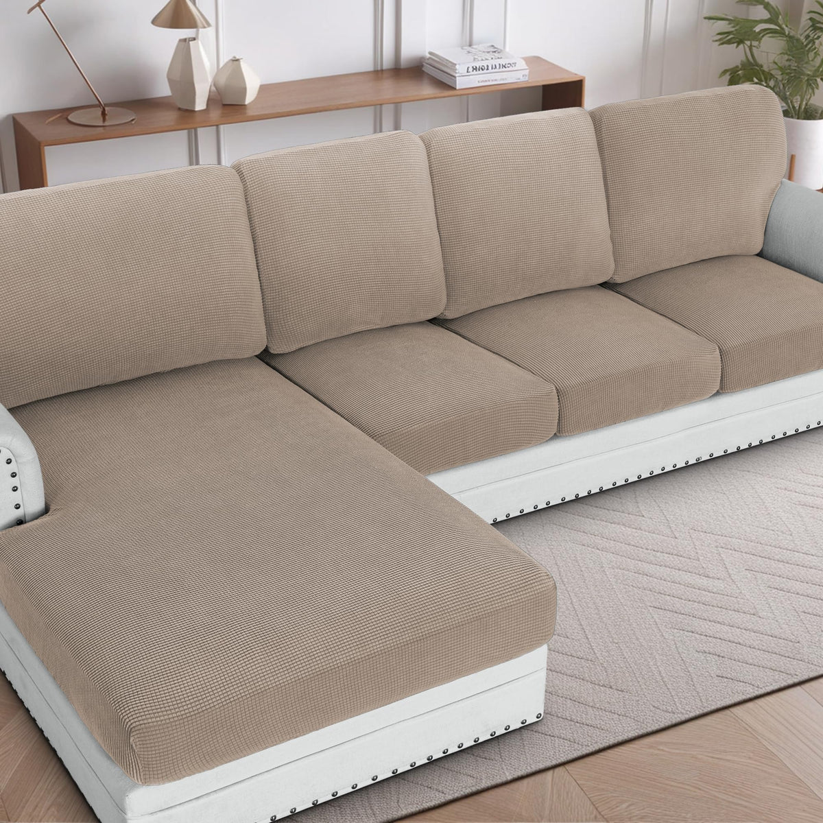 H.VERSAILTEX Sectional Couch Covers 8 Pieces Stretch Sofa Covers for Sectional Sofa Set Separate L Shaped Couch Cover for Both Left/Right Couch (Seat and Back: 1 Chaise + 3 Sofa, Ivory)