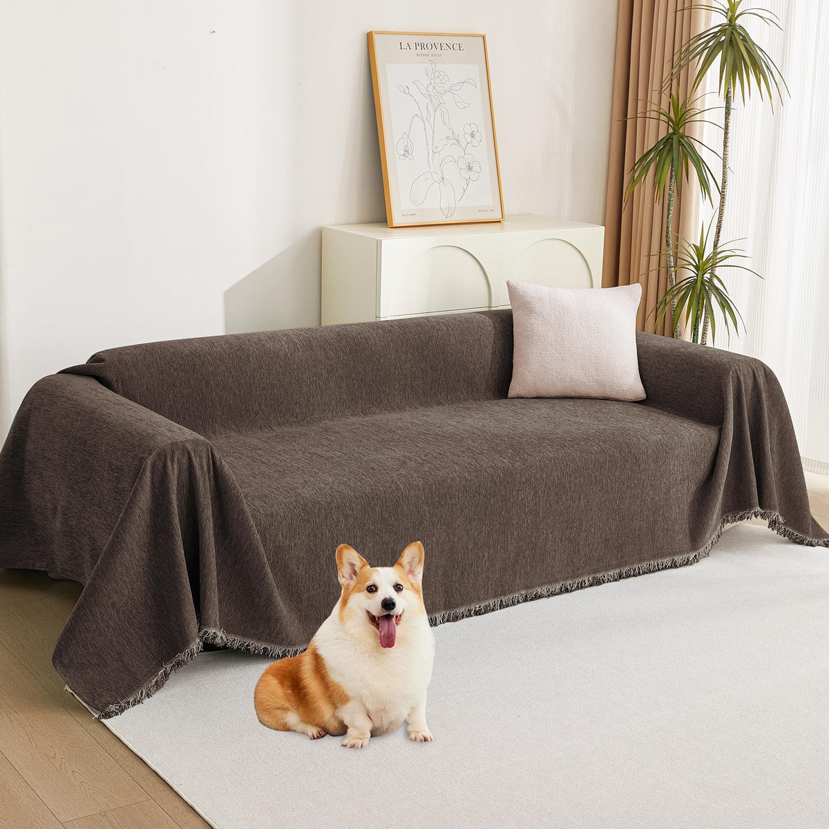 MYSKY HOME Boho Couch Cover Beige Sofa Covers with White Tassel Farmhouse Sofa Slipcover Simple Couch Protector for Dogs Chenille Sectional Couch Covers L Shaped Couch Cushion Covers, 91"x 134"