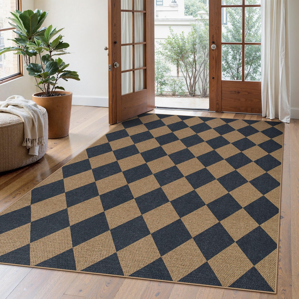 Lahome Checkered Easy Jute 3x5 Entryway Front Porch Rug, Black Diamond Indoor Outdoor Patio Layering Rug, Washable Farmhouse Neutral Non Slip Non Shedding Door Carpet for Backyard Blacony