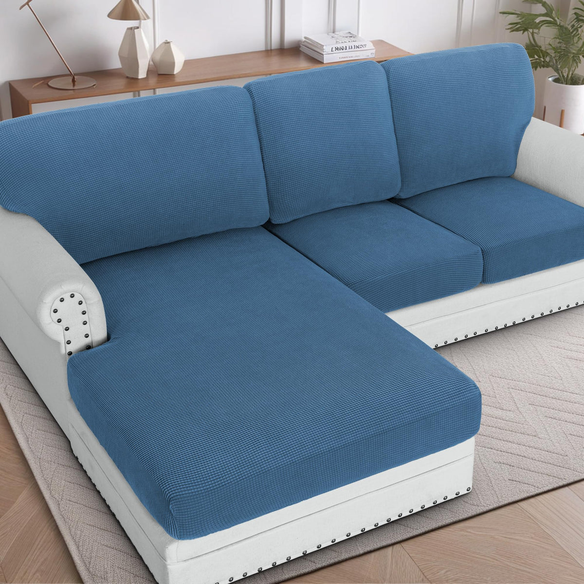 H.VERSAILTEX Sectional Couch Covers 8 Pieces Stretch Sofa Covers for Sectional Sofa Set Separate L Shaped Couch Cover for Both Left/Right Couch (Seat and Back: 1 Chaise + 3 Sofa, Ivory)