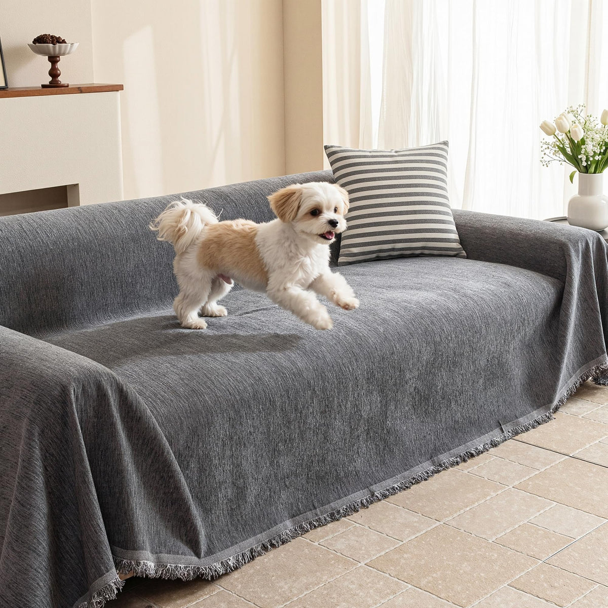 MEETSKY Couch Covers for Dogs, Washable Couch Covers, Pet Sofa Covers for 3 Cushion Couch, Chenille Thick Sectional Couch Cover Blanket Modern Furniture Protector Covers, 91" x 134", Dark Grey