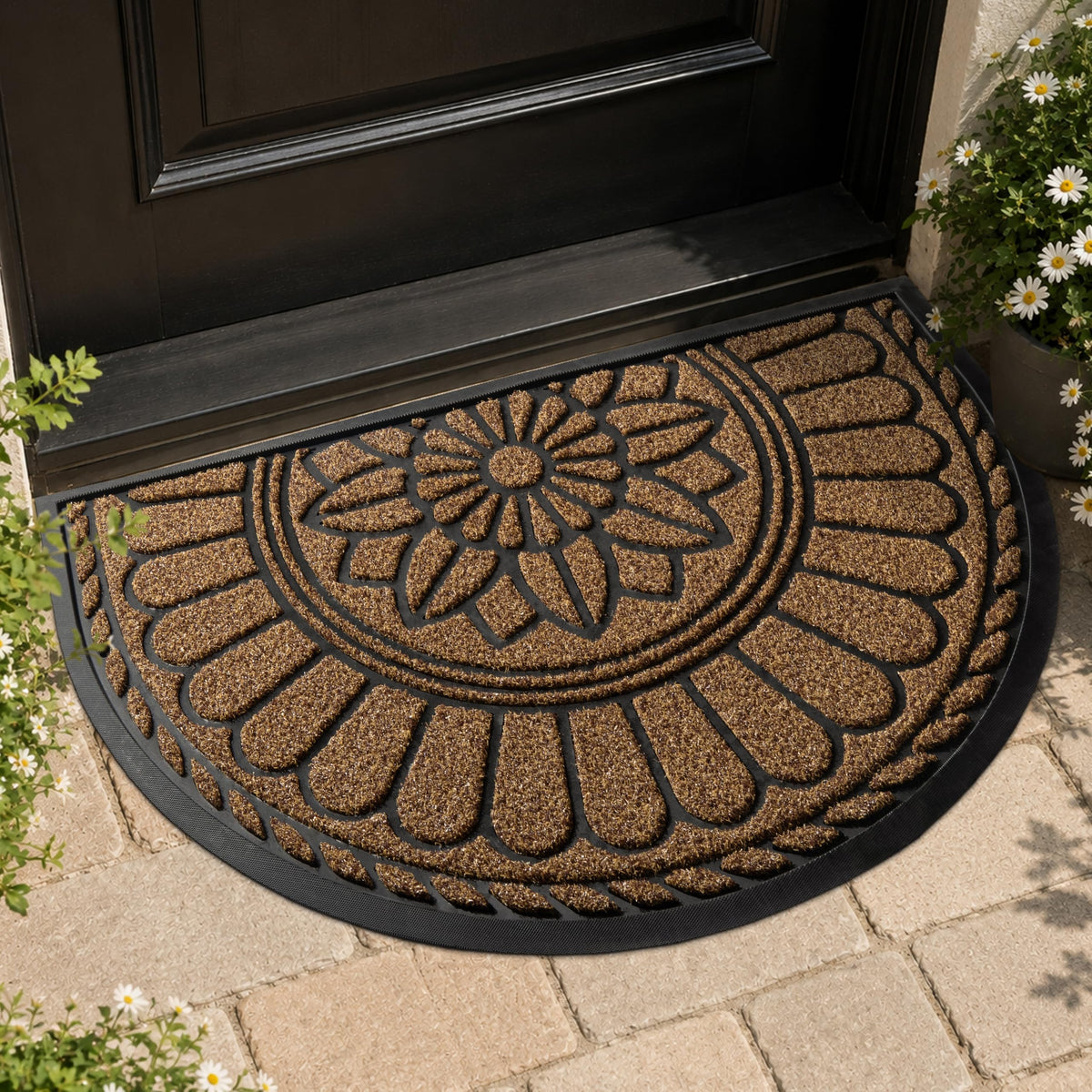 Mibao Front Door Mat Indoor Outdoor Entrance, Semicircular Entrance Mat, Half Round Waterproof Non-Slip Durable Rubber Door Mats, Low Profile Heavy Duty Doormat for Garage, Patio, 30" x 18", Yellow