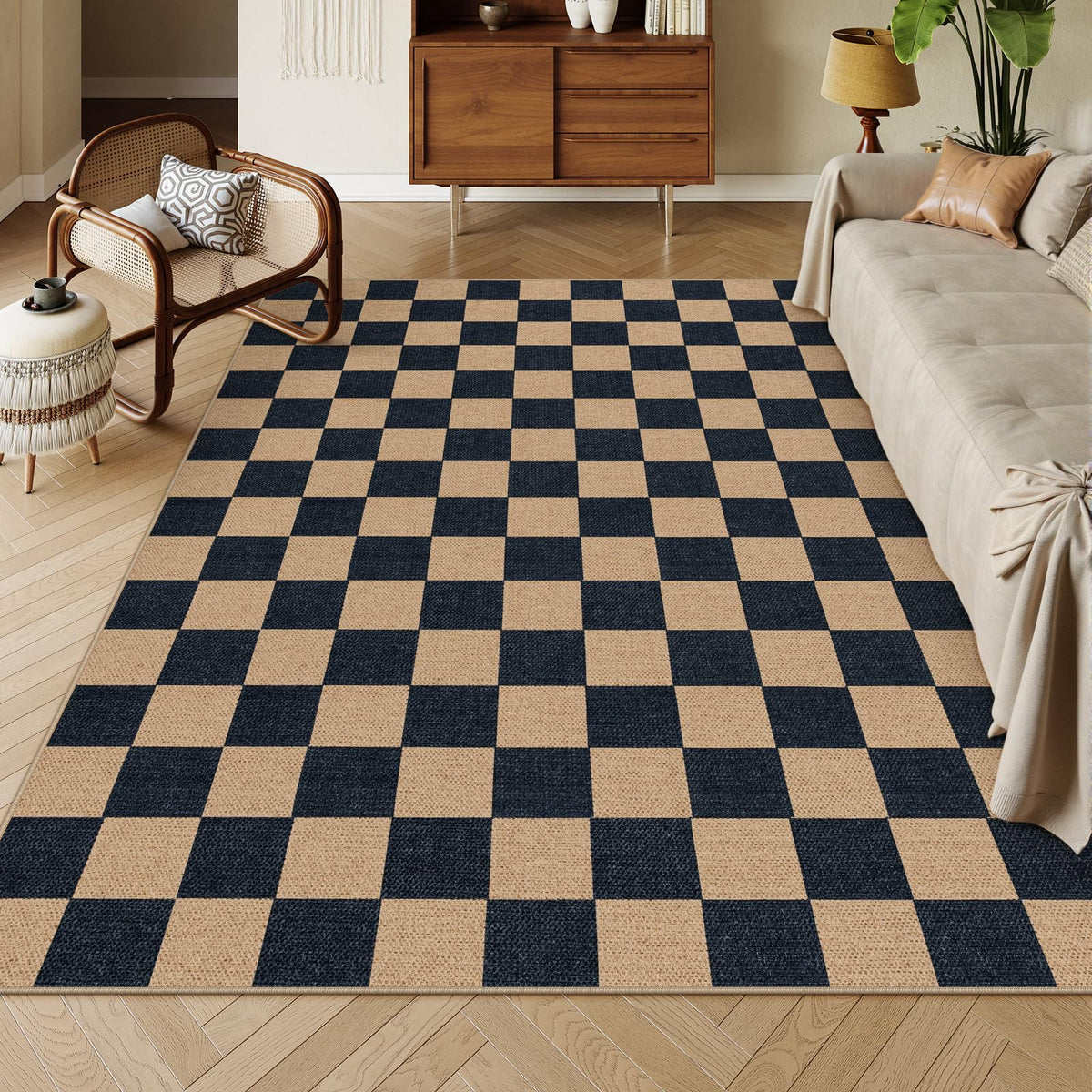 Lahome Checkered Easy Jute 3x5 Entryway Front Porch Rug, Black Diamond Indoor Outdoor Patio Layering Rug, Washable Farmhouse Neutral Non Slip Non Shedding Door Carpet for Backyard Blacony