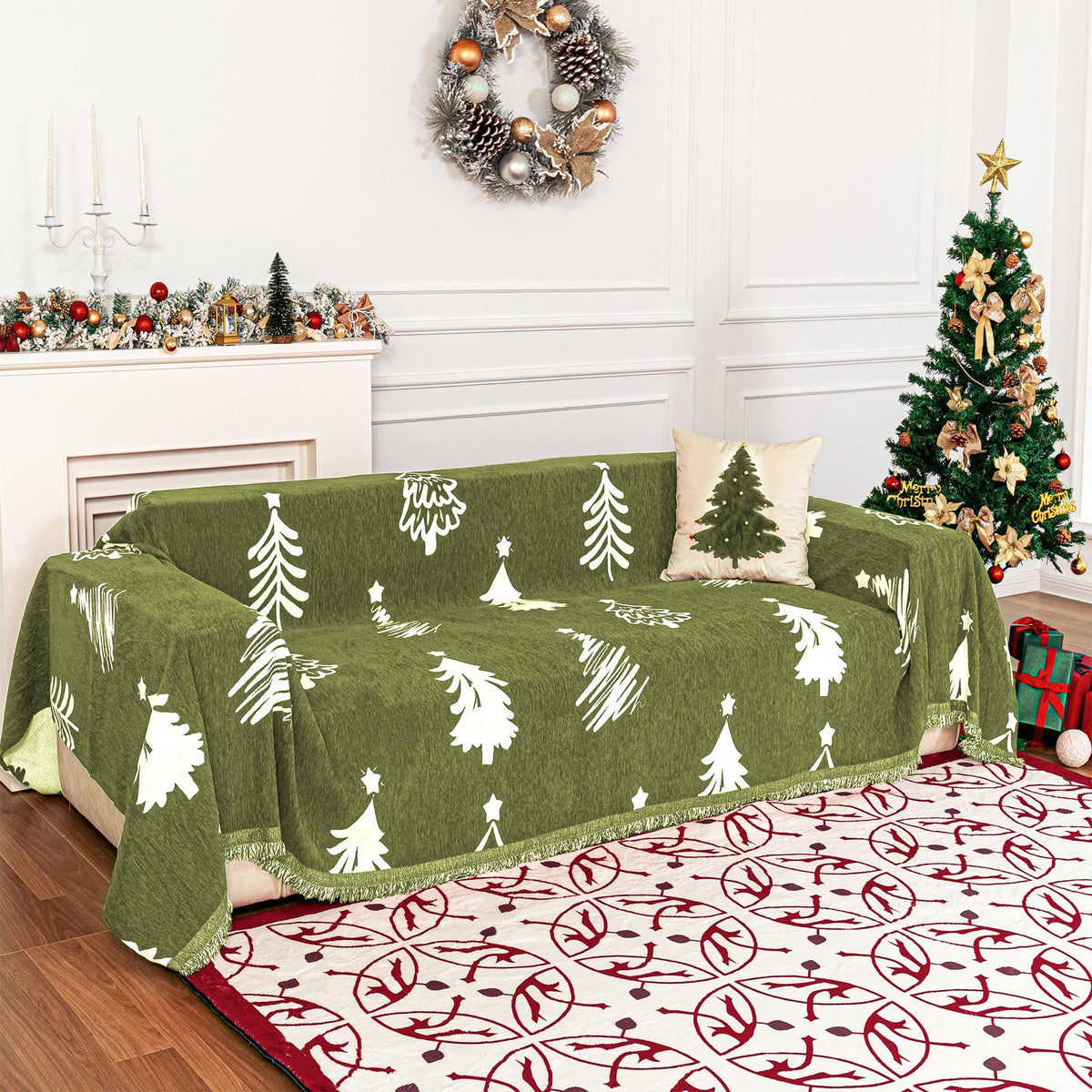 MYSKY HOME Boho Couch Cover Beige Sofa Covers with White Tassel Farmhouse Sofa Slipcover Simple Couch Protector for Dogs Chenille Sectional Couch Covers L Shaped Couch Cushion Covers, 91"x 134"
