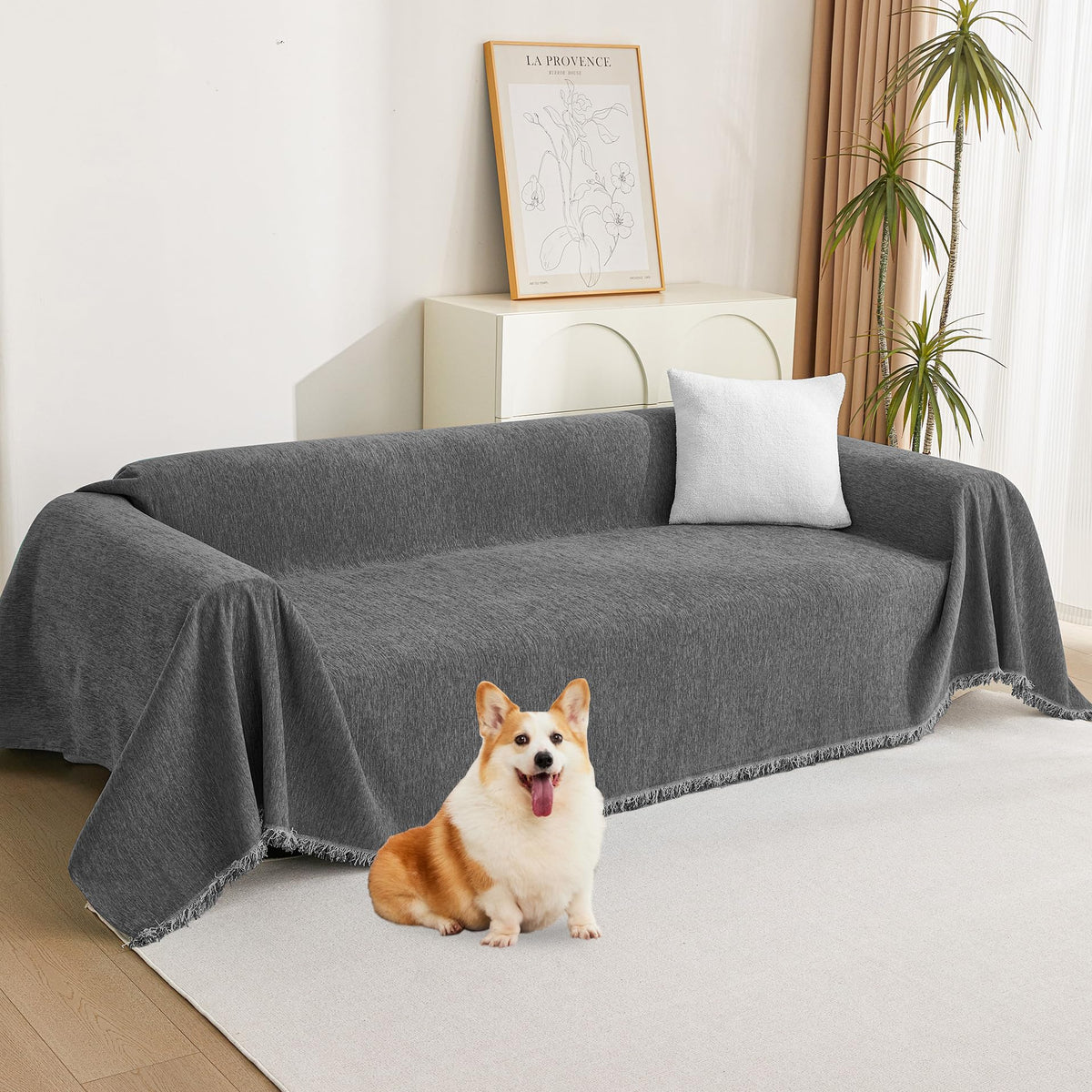 MYSKY HOME Boho Couch Cover Beige Sofa Covers with White Tassel Farmhouse Sofa Slipcover Simple Couch Protector for Dogs Chenille Sectional Couch Covers L Shaped Couch Cushion Covers, 91"x 134"