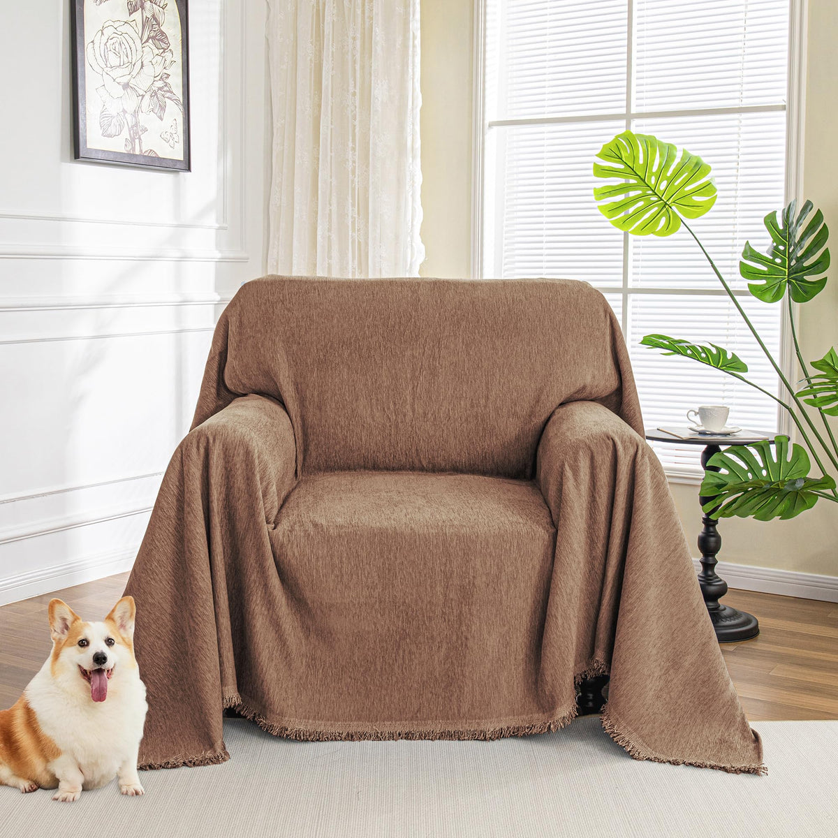 MYSKY HOME Boho Couch Cover Beige Sofa Covers with White Tassel Farmhouse Sofa Slipcover Simple Couch Protector for Dogs Chenille Sectional Couch Covers L Shaped Couch Cushion Covers, 91"x 134"