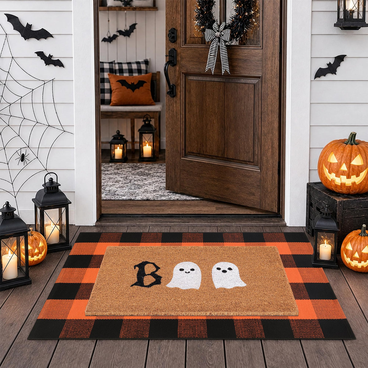 Halloween Door Mat Combo Set, Welcome Ghost Coco Coir Welcome Doormat + 28" x 43" Black and White Plaid Rug, Autumn Halloween Front Porch Entryway Decor Floor Mat