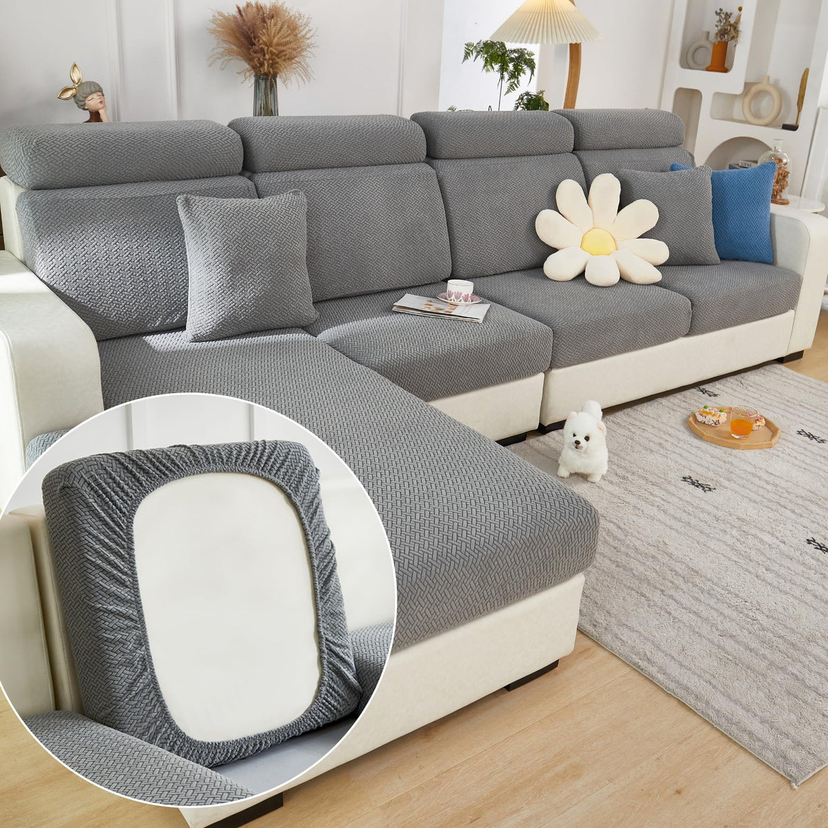 Yoovat Couch Cushion Covers for Sofa Couch Covers Wear-Resistant Universal Sofa Cover Washable Stretch for Sectional Slipcovers (Texture-Light Gray,Large Single Seat Cover)