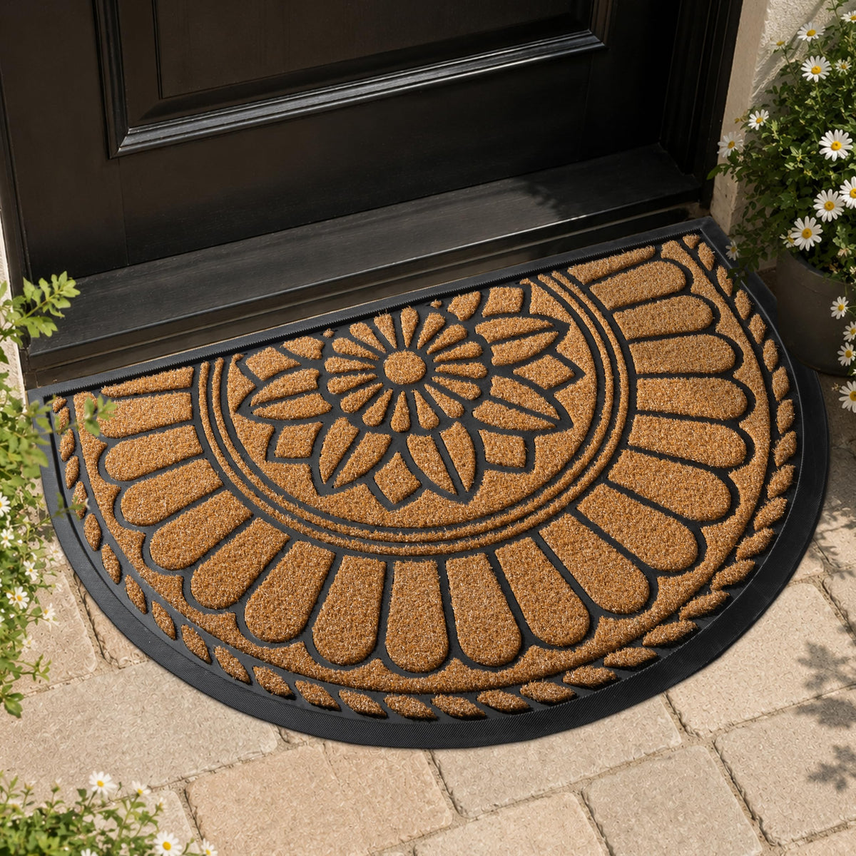 Mibao Front Door Mat Indoor Outdoor Entrance, Semicircular Entrance Mat, Half Round Waterproof Non-Slip Durable Rubber Door Mats, Low Profile Heavy Duty Doormat for Garage, Patio, 30" x 18", Yellow