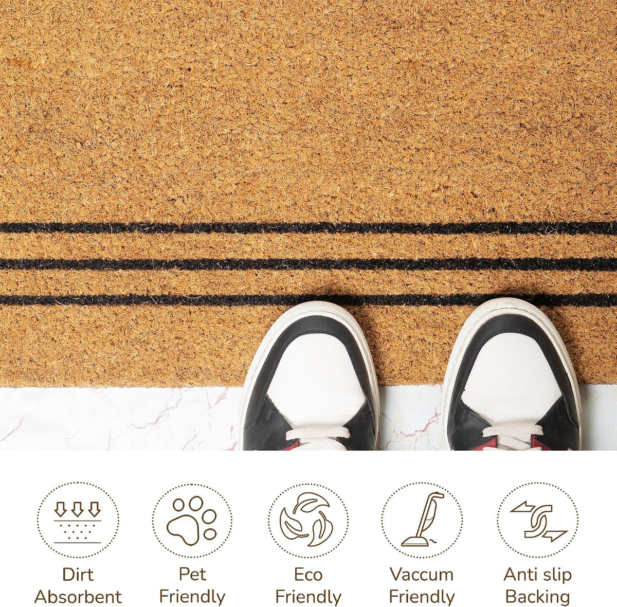 Coco Coir Door Mat Plain Welcome Mat with Stripes Beige 30x17
