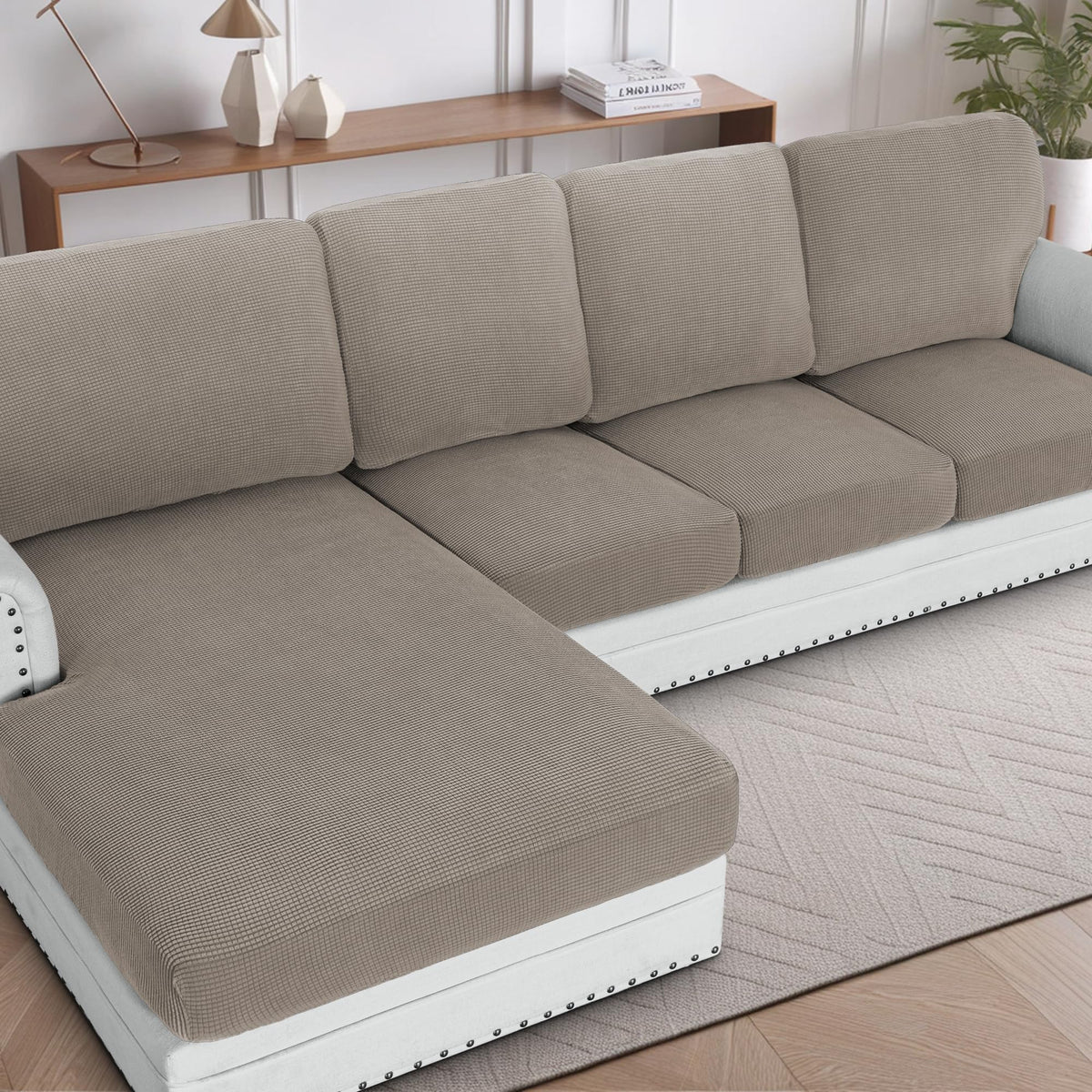 H.VERSAILTEX Sectional Couch Covers 8 Pieces Stretch Sofa Covers for Sectional Sofa Set Separate L Shaped Couch Cover for Both Left/Right Couch (Seat and Back: 1 Chaise + 3 Sofa, Ivory)