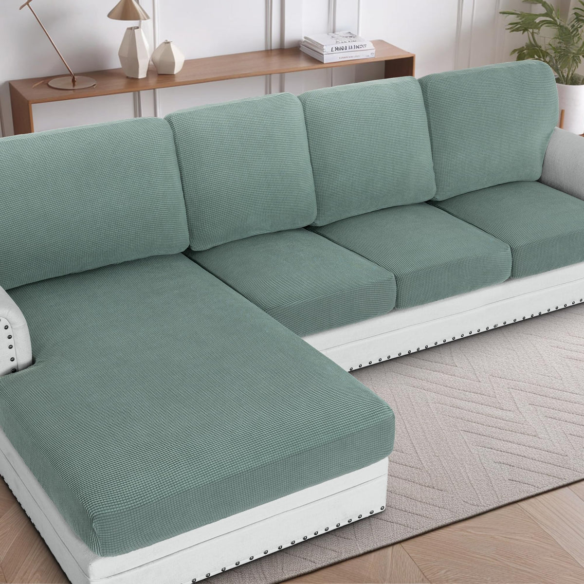 H.VERSAILTEX Sectional Couch Covers 8 Pieces Stretch Sofa Covers for Sectional Sofa Set Separate L Shaped Couch Cover for Both Left/Right Couch (Seat and Back: 1 Chaise + 3 Sofa, Ivory)