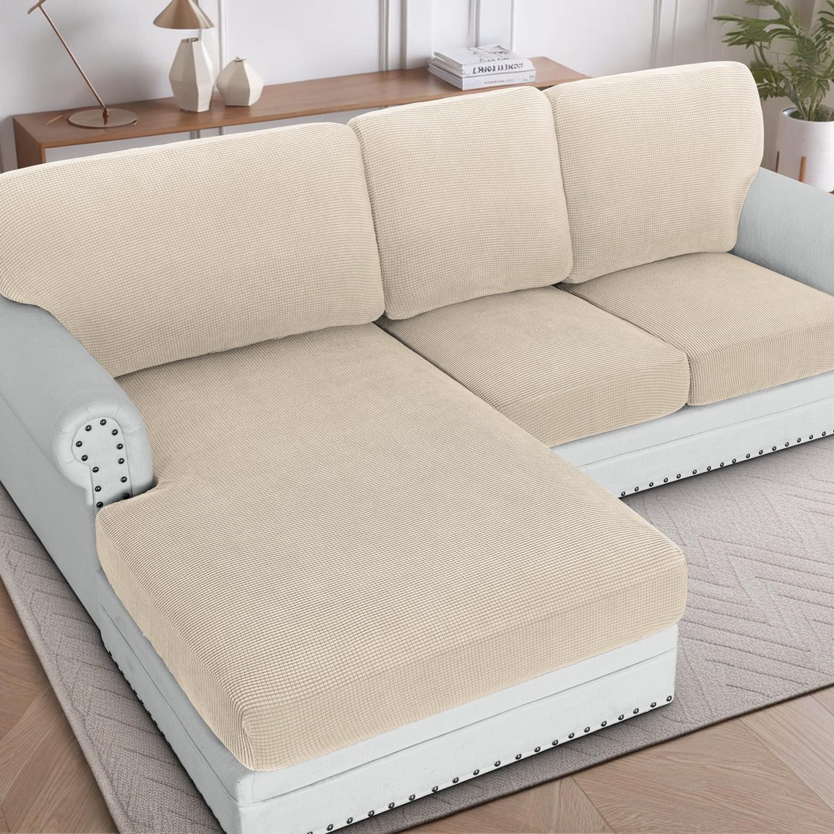 H.VERSAILTEX Sectional Couch Covers 8 Pieces Stretch Sofa Covers for Sectional Sofa Set Separate L Shaped Couch Cover for Both Left/Right Couch (Seat and Back: 1 Chaise + 3 Sofa, Ivory)