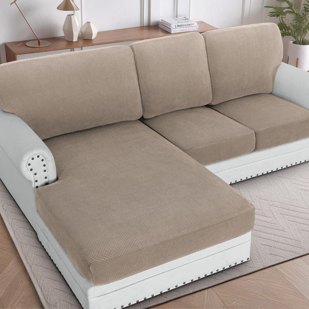 H.VERSAILTEX Sectional Couch Covers 8 Pieces Stretch Sofa Covers for Sectional Sofa Set Separate L Shaped Couch Cover for Both Left/Right Couch (Seat and Back: 1 Chaise + 3 Sofa, Ivory)