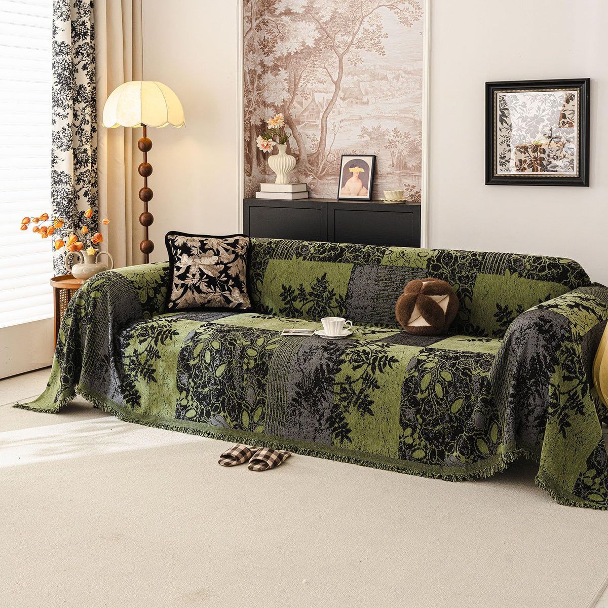 DREAMINGO Green Floral Couch Cover Farmhouse Botanical Jacquard Sofa Covers for 3 Cushion Couch Cozy Chenille Living Room Furniture Futon Sectional Sofa Slipcovers Washable, X-Large 71"x134"
