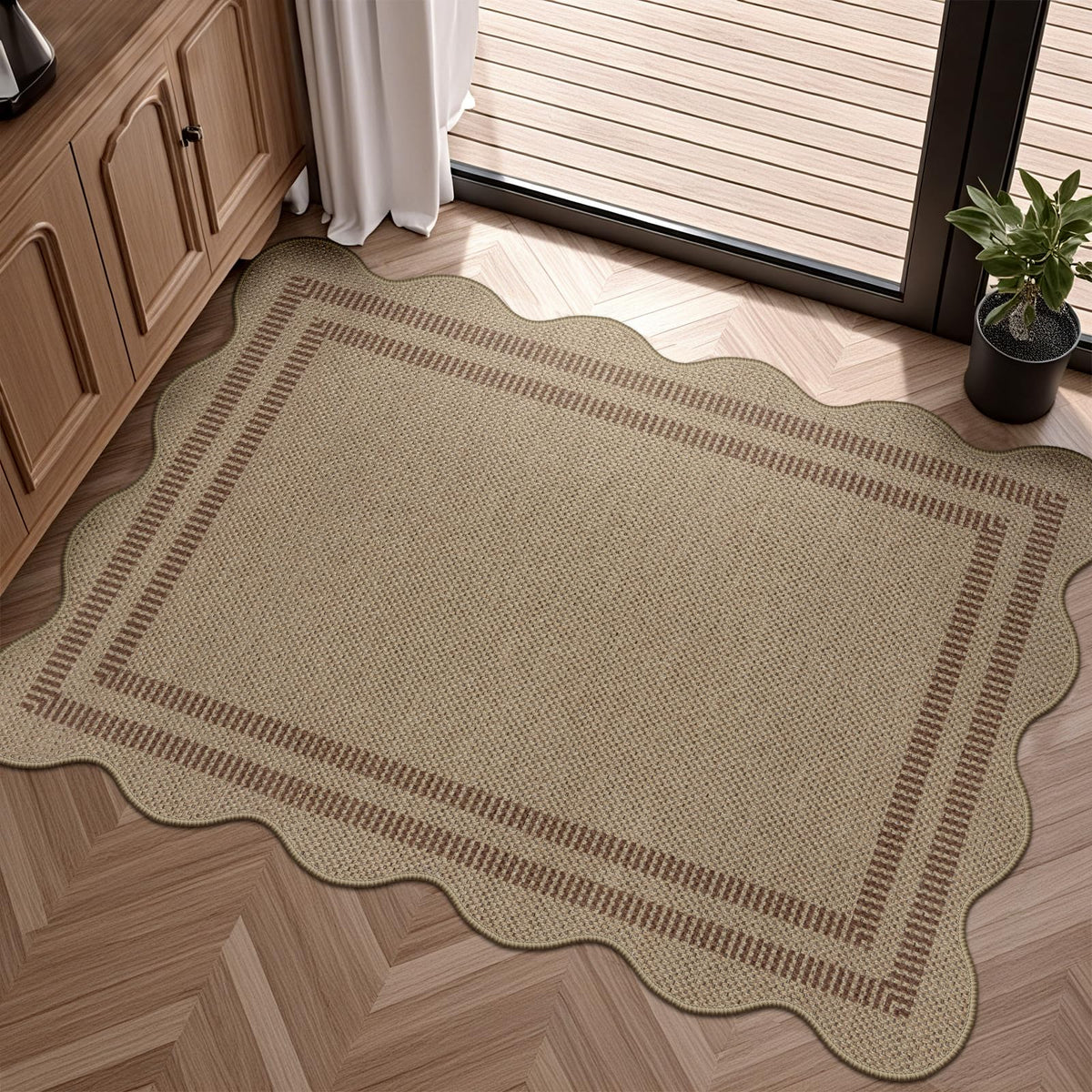 Easy Jute Black Entryway Rug, 2x3 Front Door Mat Washable Non Slip Small Kitchen Rug, Indoor Outdoor Farmhouse Scalloped Doormat for Porch Bathroom Doorway
