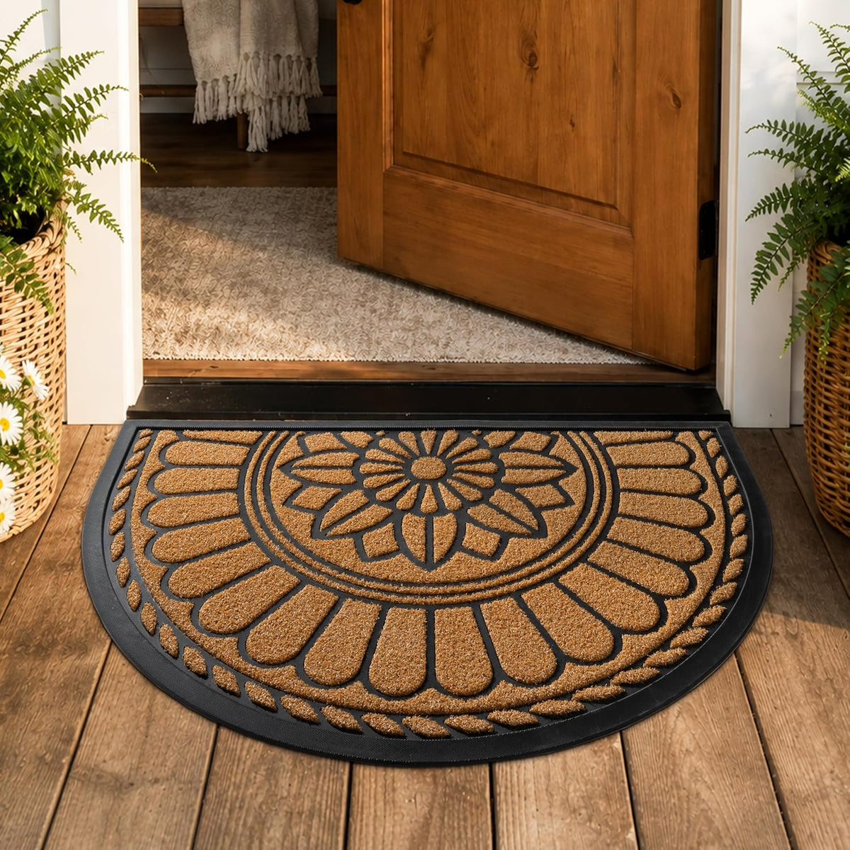 Mibao Front Door Mat Indoor Outdoor Entrance, Semicircular Entrance Mat, Half Round Waterproof Non-Slip Durable Rubber Door Mats, Low Profile Heavy Duty Doormat for Garage, Patio, 30" x 18", Yellow