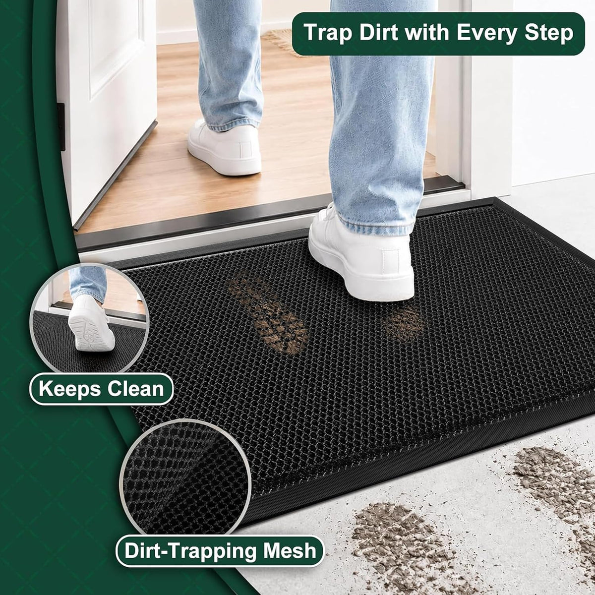 Mibao Meshy Mat Door Mat Heavy-Duty Quick-Dry Floor Mat, Sand & Dirt Trapper for Indoor & Outdoor, Ideal for Entrance, Mudrooms,Patios & Garages,Low-Profile,Non-Slip,Washable, Black, 30" x 17"
