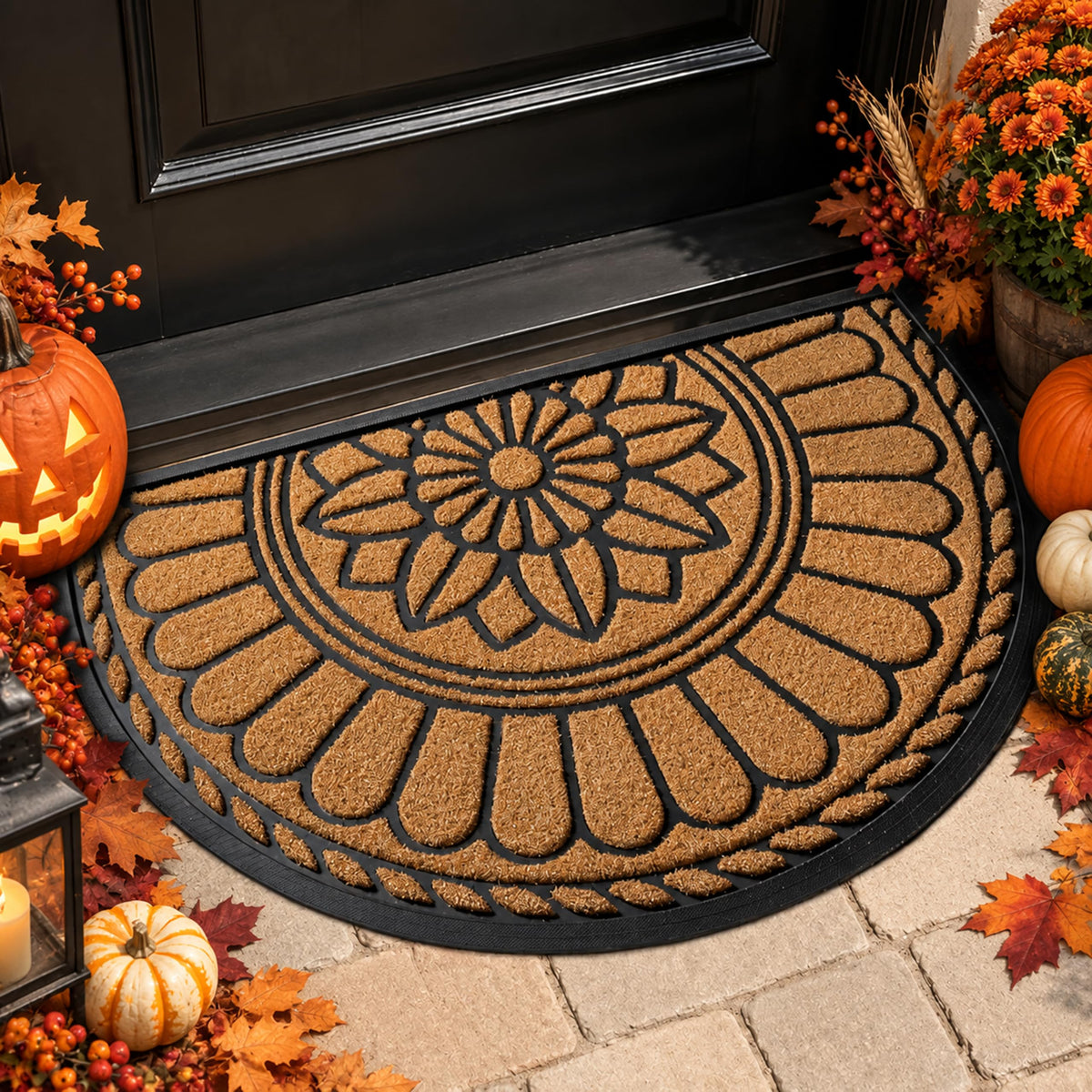 Mibao Front Door Mat Indoor Outdoor Entrance, Semicircular Entrance Mat, Half Round Waterproof Non-Slip Durable Rubber Door Mats, Low Profile Heavy Duty Doormat for Garage, Patio, 30" x 18", Yellow