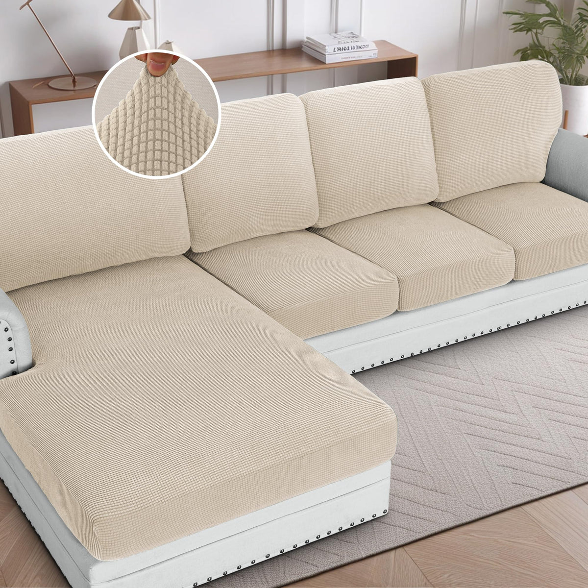 H.VERSAILTEX Sectional Couch Covers 8 Pieces Stretch Sofa Covers for Sectional Sofa Set Separate L Shaped Couch Cover for Both Left/Right Couch (Seat and Back: 1 Chaise + 3 Sofa, Ivory)