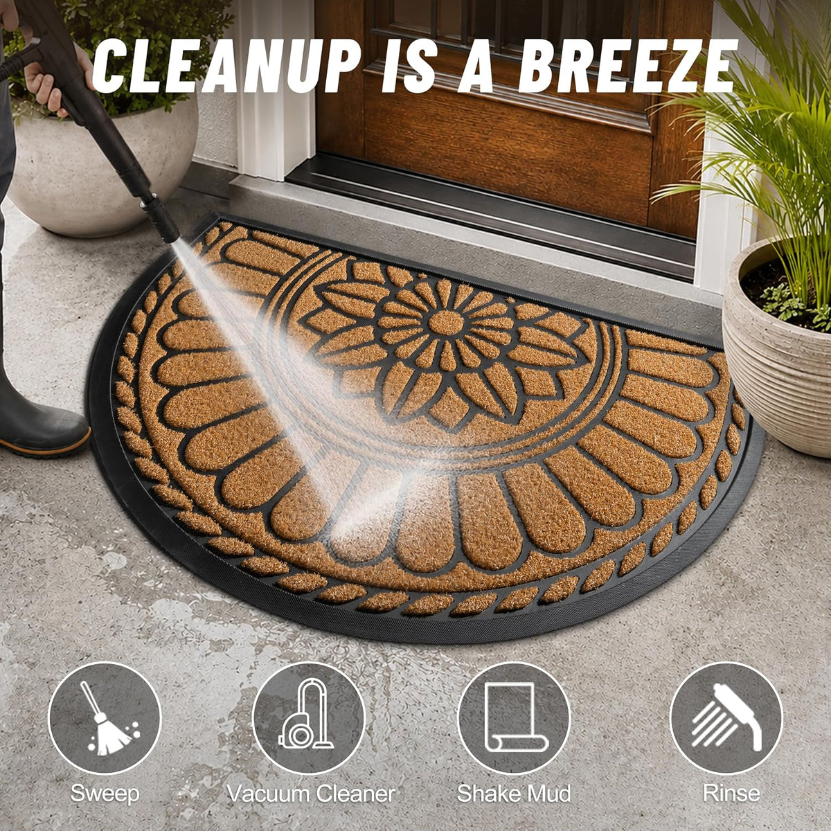 Mibao Front Door Mat Indoor Outdoor Entrance, Semicircular Entrance Mat, Half Round Waterproof Non-Slip Durable Rubber Door Mats, Low Profile Heavy Duty Doormat for Garage, Patio, 30" x 18", Yellow