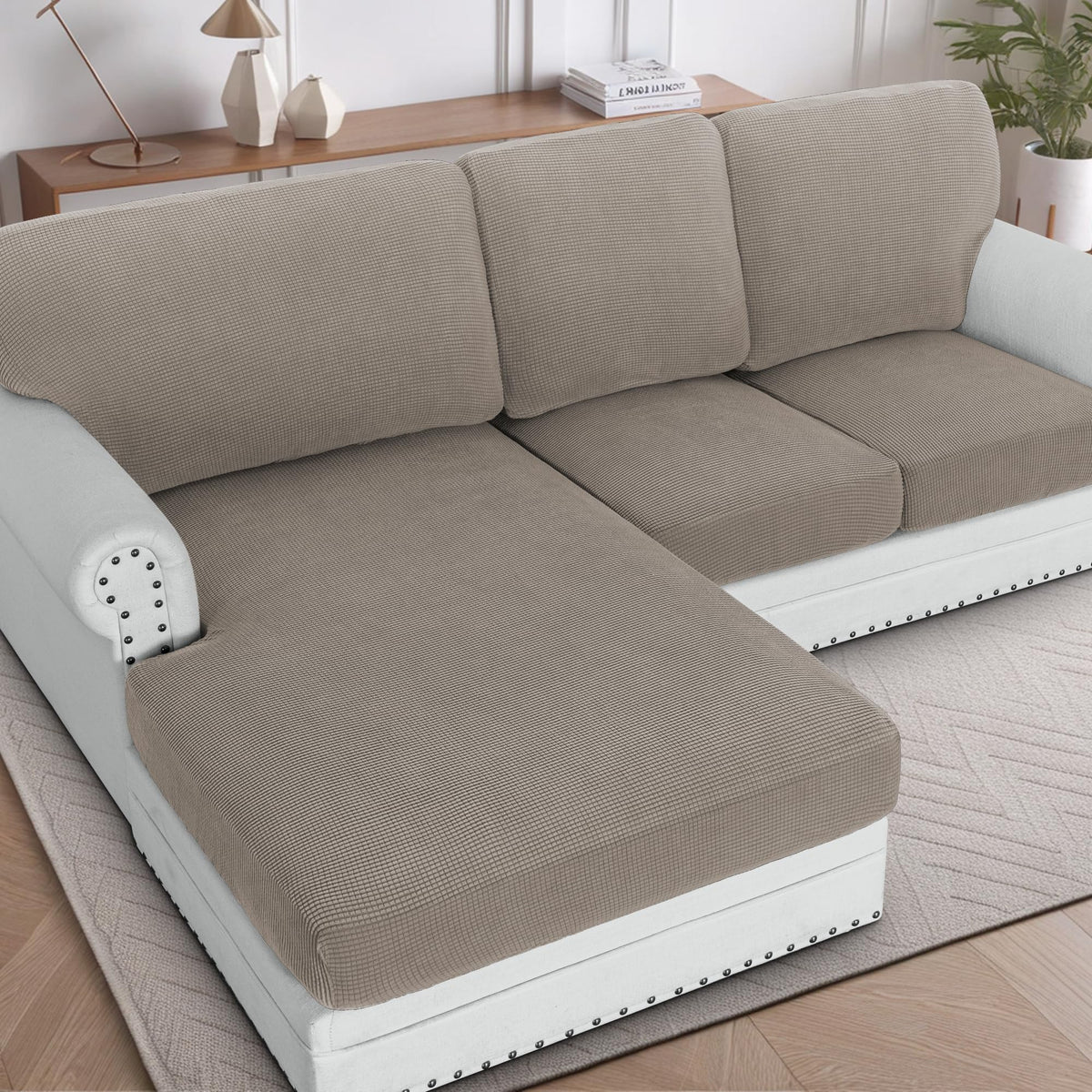 H.VERSAILTEX Sectional Couch Covers 8 Pieces Stretch Sofa Covers for Sectional Sofa Set Separate L Shaped Couch Cover for Both Left/Right Couch (Seat and Back: 1 Chaise + 3 Sofa, Ivory)