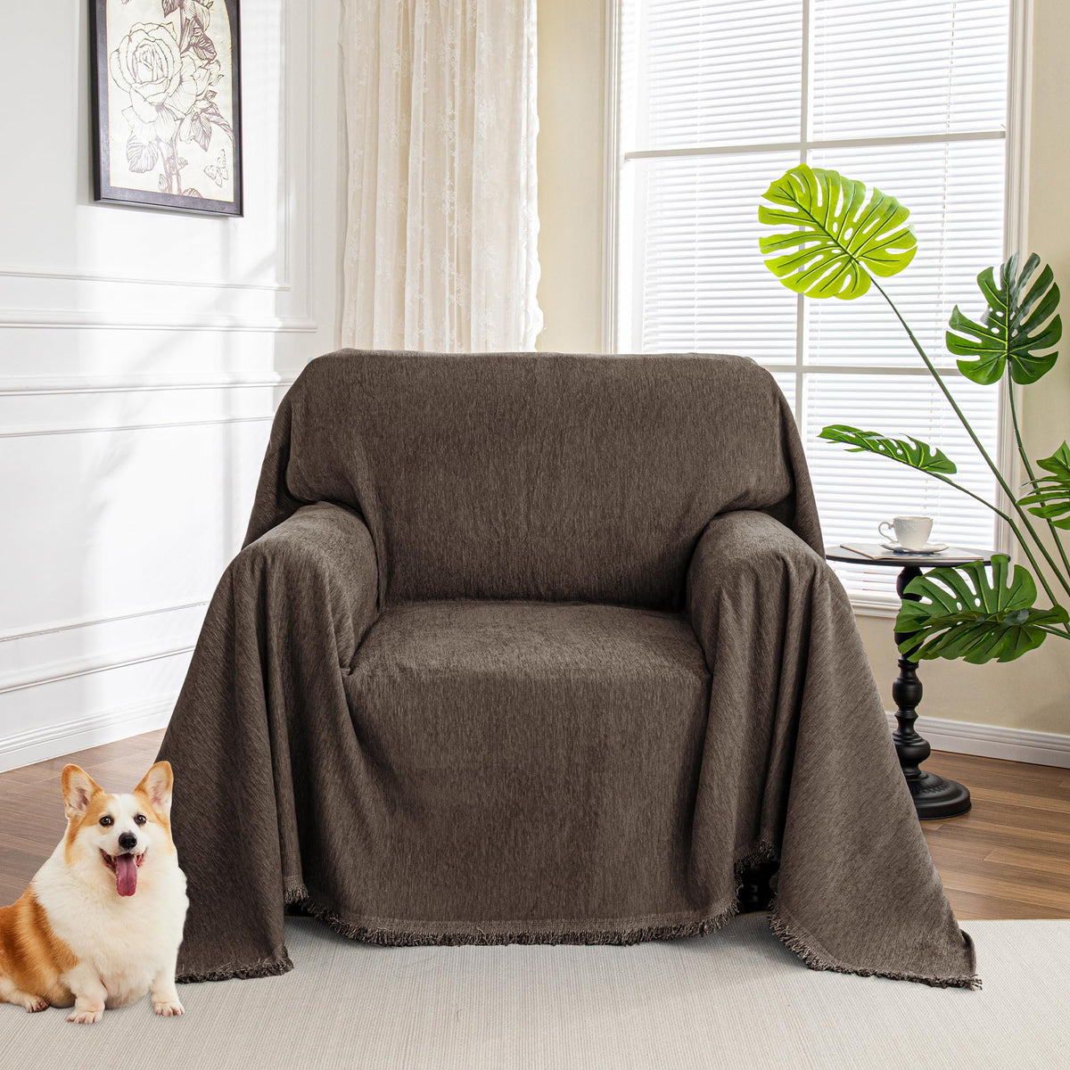 MYSKY HOME Boho Couch Cover Beige Sofa Covers with White Tassel Farmhouse Sofa Slipcover Simple Couch Protector for Dogs Chenille Sectional Couch Covers L Shaped Couch Cushion Covers, 91"x 134"