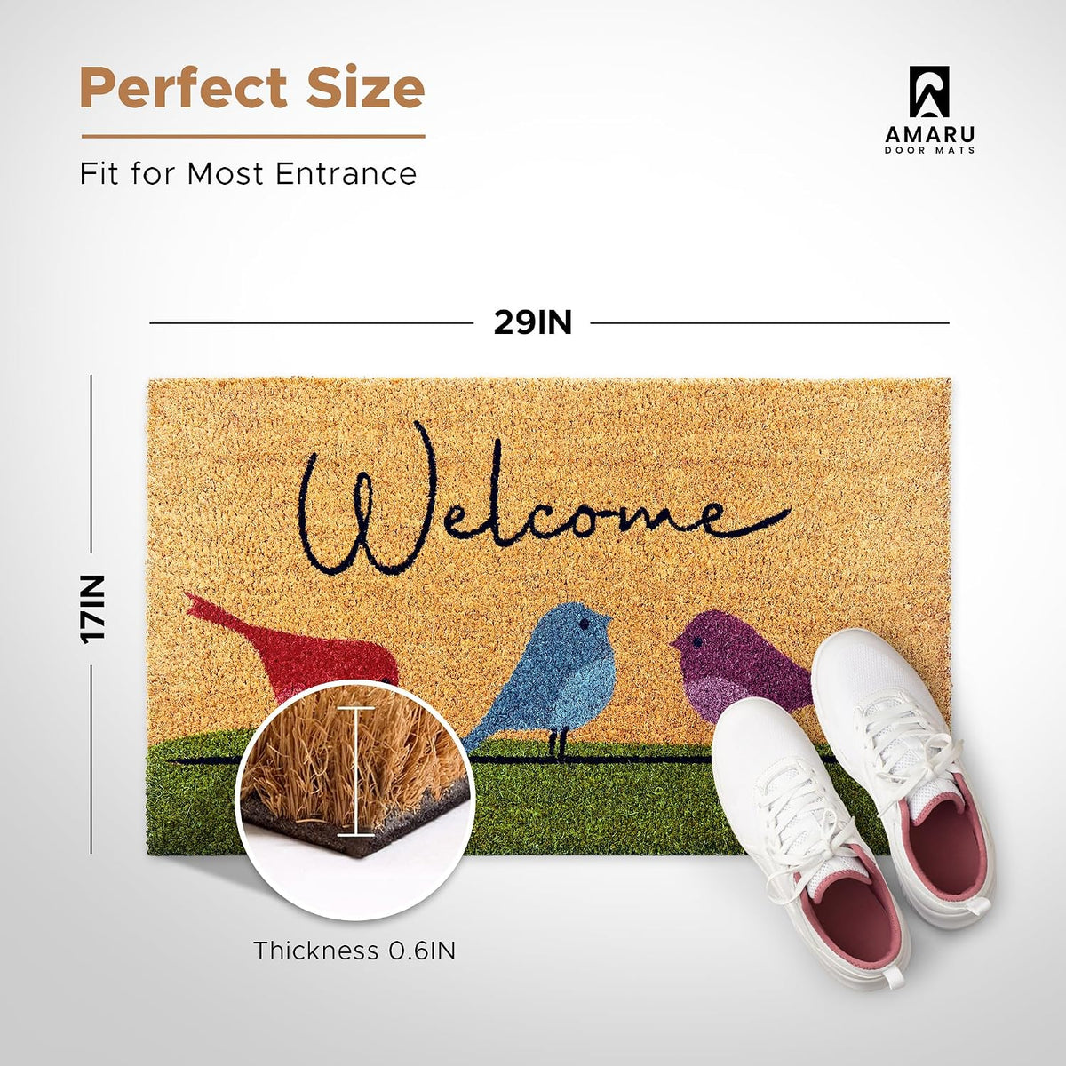 Coir Welcome Mat, Non-Slip, Colorful Birds, 17 x 29 in
