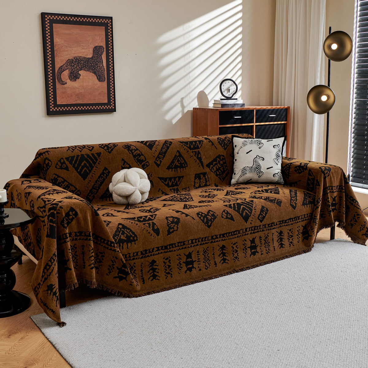 MYSKY HOME Boho Couch Cover Beige Sofa Covers with White Tassel Farmhouse Sofa Slipcover Simple Couch Protector for Dogs Chenille Sectional Couch Covers L Shaped Couch Cushion Covers, 91"x 134"