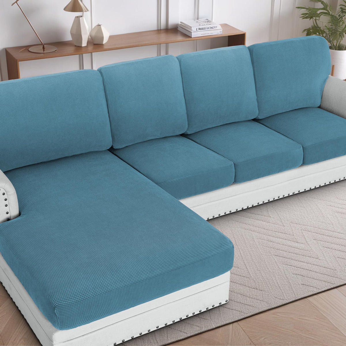 H.VERSAILTEX Sectional Couch Covers 8 Pieces Stretch Sofa Covers for Sectional Sofa Set Separate L Shaped Couch Cover for Both Left/Right Couch (Seat and Back: 1 Chaise + 3 Sofa, Ivory)
