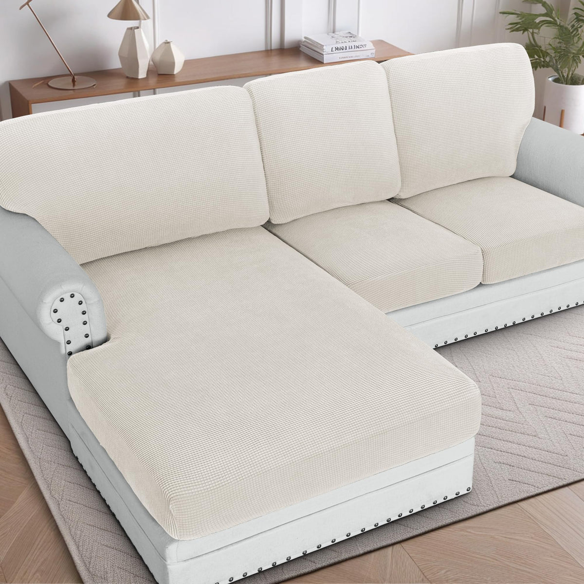 H.VERSAILTEX Sectional Couch Covers 8 Pieces Stretch Sofa Covers for Sectional Sofa Set Separate L Shaped Couch Cover for Both Left/Right Couch (Seat and Back: 1 Chaise + 3 Sofa, Ivory)