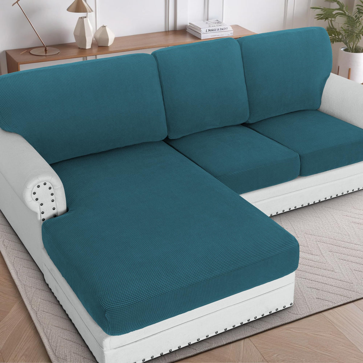 H.VERSAILTEX Sectional Couch Covers 8 Pieces Stretch Sofa Covers for Sectional Sofa Set Separate L Shaped Couch Cover for Both Left/Right Couch (Seat and Back: 1 Chaise + 3 Sofa, Ivory)