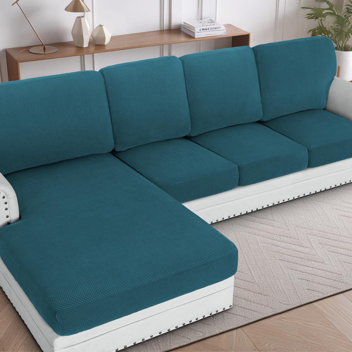 H.VERSAILTEX Sectional Couch Covers 8 Pieces Stretch Sofa Covers for Sectional Sofa Set Separate L Shaped Couch Cover for Both Left/Right Couch (Seat and Back: 1 Chaise + 3 Sofa, Ivory)