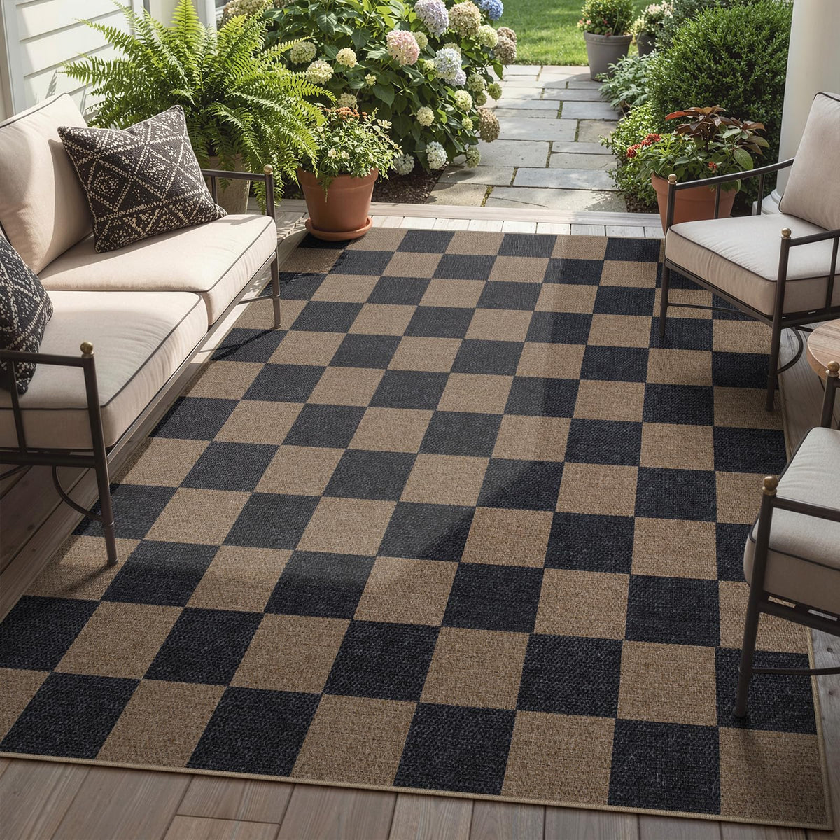 Lahome Checkered Easy Jute 3x5 Entryway Front Porch Rug, Black Diamond Indoor Outdoor Patio Layering Rug, Washable Farmhouse Neutral Non Slip Non Shedding Door Carpet for Backyard Blacony