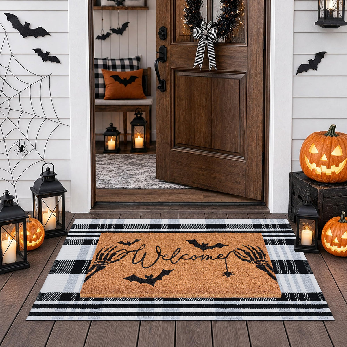 Halloween Door Mat Combo Set, Welcome Ghost Coco Coir Welcome Doormat + 28" x 43" Black and White Plaid Rug, Autumn Halloween Front Porch Entryway Decor Floor Mat