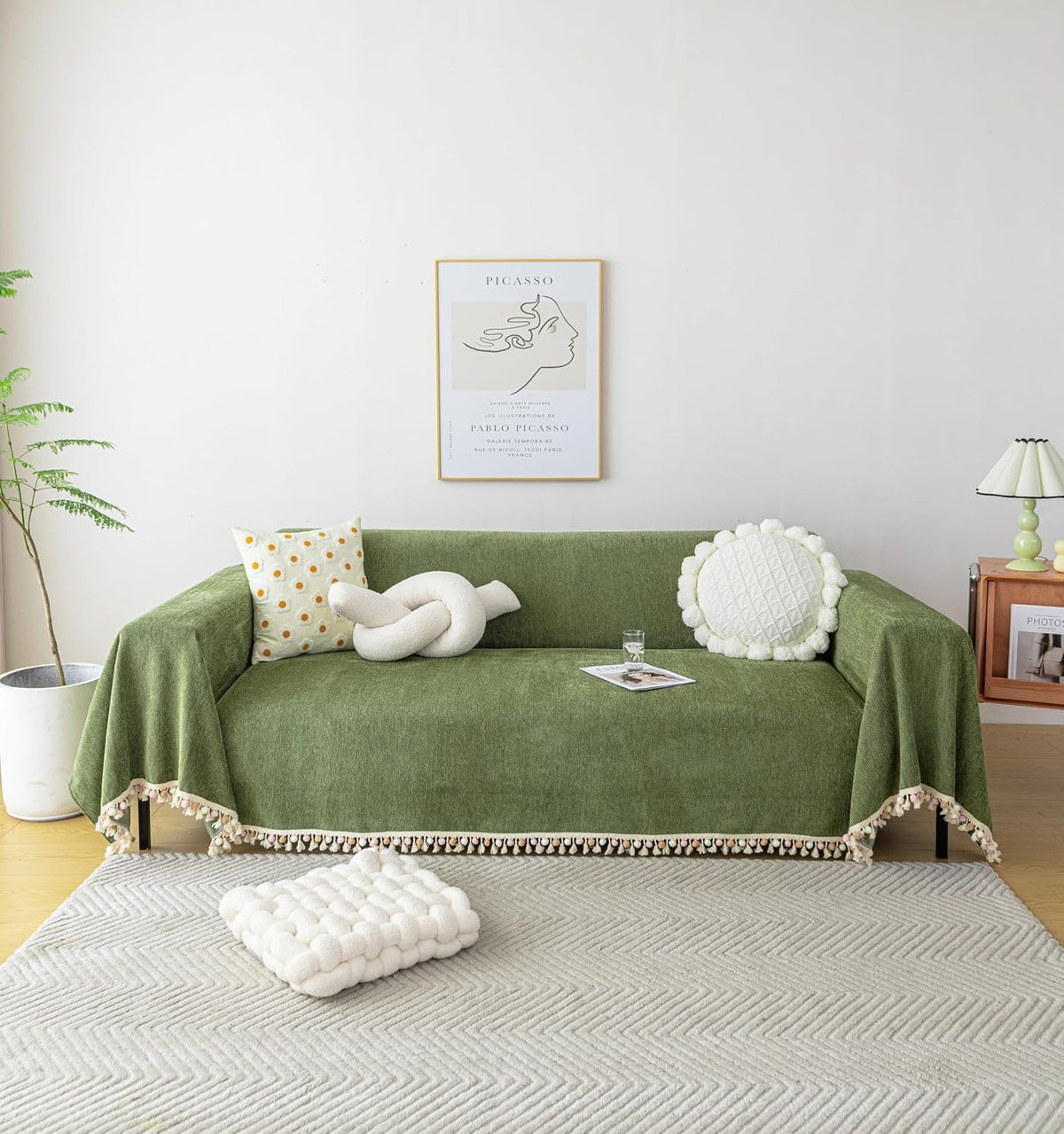 HANDONTIME Green Sofa Cover Vintage Couch Cover for Dogs 71" X118" Couch Cushion Covers with Tassel Herringbone Sofa Cover Boho Sofa Covers for 3 Cushion Couch Chenille Soft Loveseat Sofa Covers