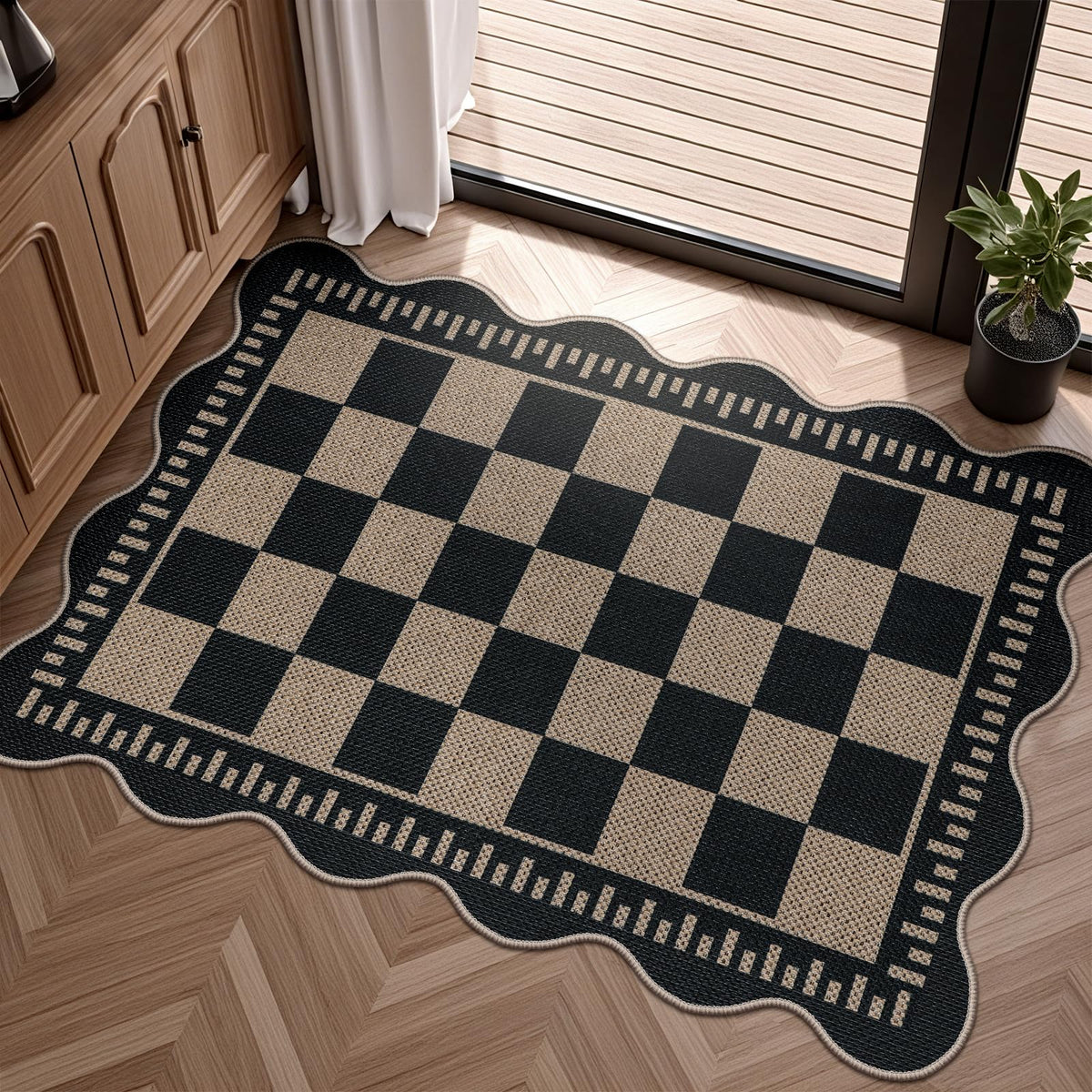 Easy Jute Black Entryway Rug, 2x3 Front Door Mat Washable Non Slip Small Kitchen Rug, Indoor Outdoor Farmhouse Scalloped Doormat for Porch Bathroom Doorway