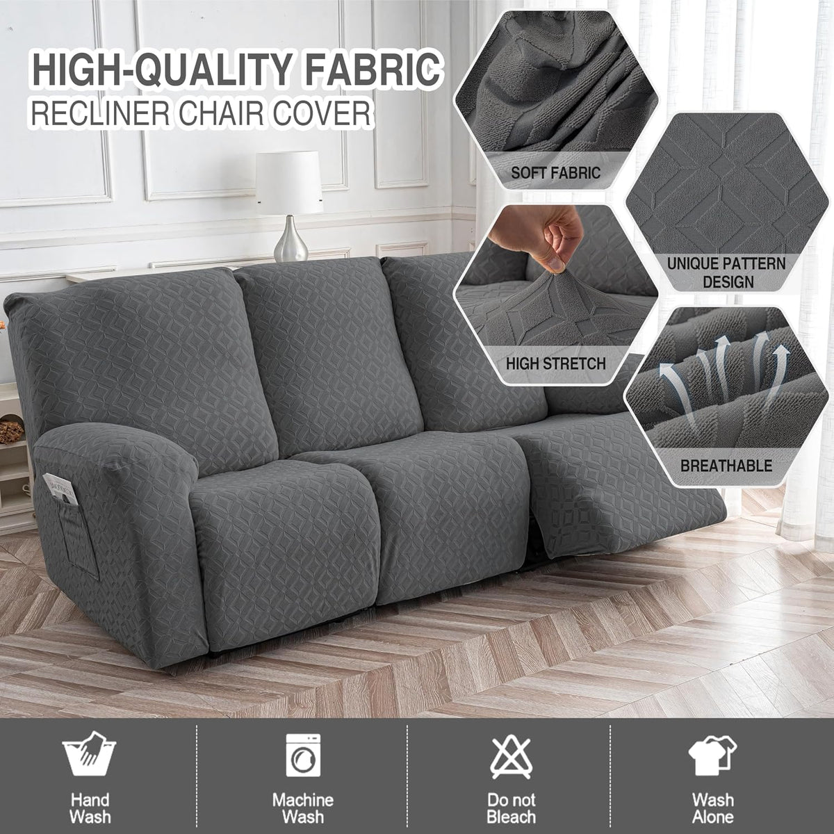 Gennia Waterproof Recliner Sofa Cover,3 Seat Couch Cover,Dark Gray